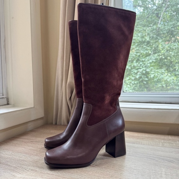 New Reformation Frederique Knee High Boot Heeled Leather Oak Suede 8.5 - Picture 7 of 14